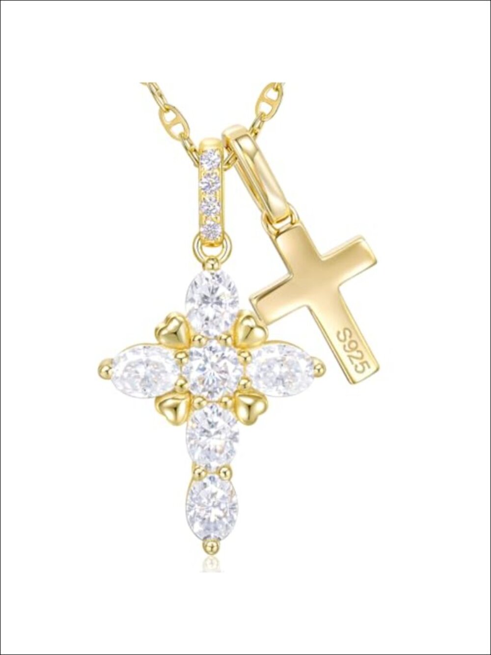 Moissanite Double Cross Pendant Necklace 14K Gold Vermeil 925 Sterling Silver